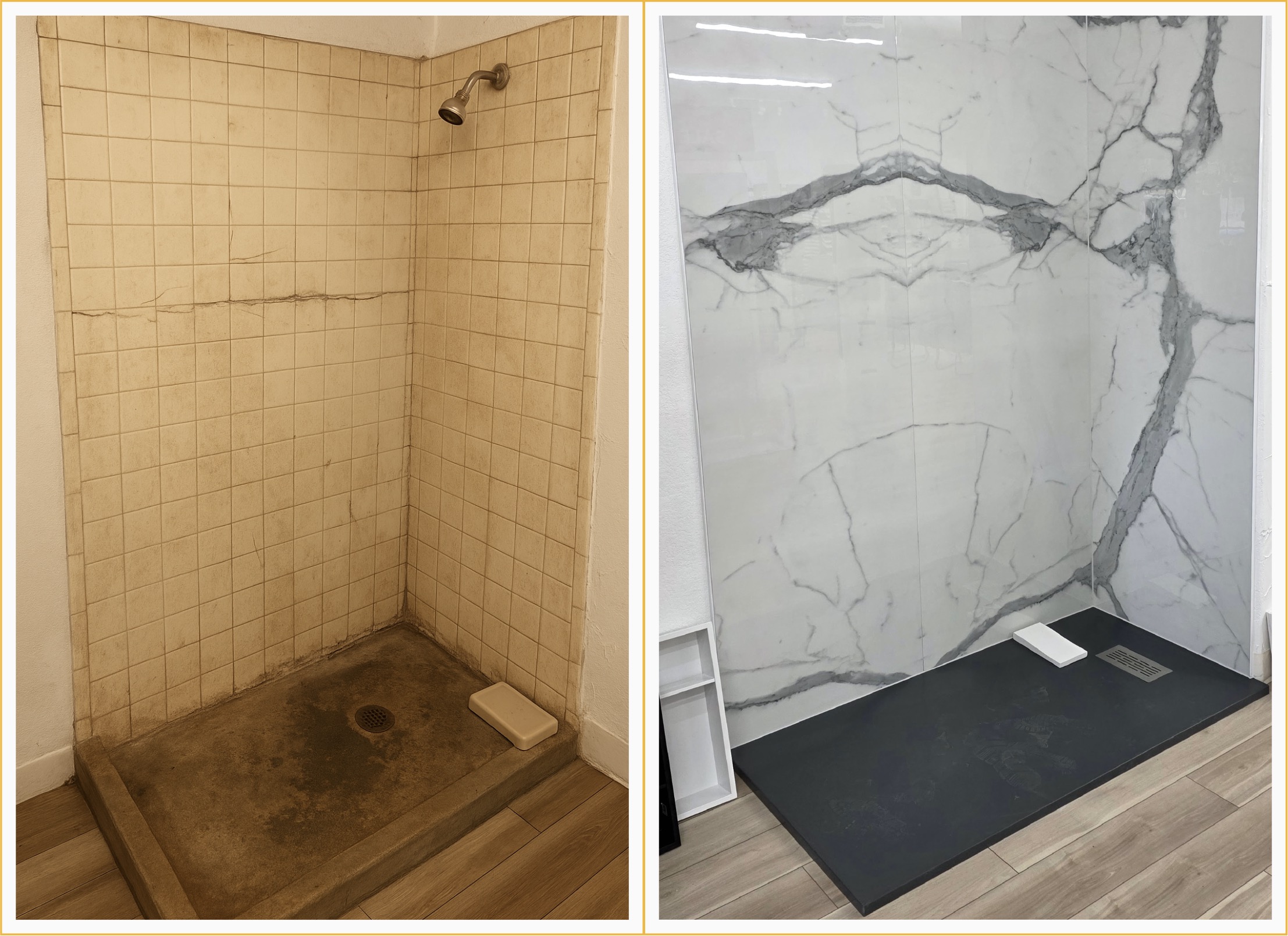 ✅ No Grout. No Mold. No Hassle. ✅ Large Format Porcelain Panels ✅ Luxury look: marble, stone, and solid-surface styles ✅ Custom fit for any shower space ✅ Installed quickly by our professional team